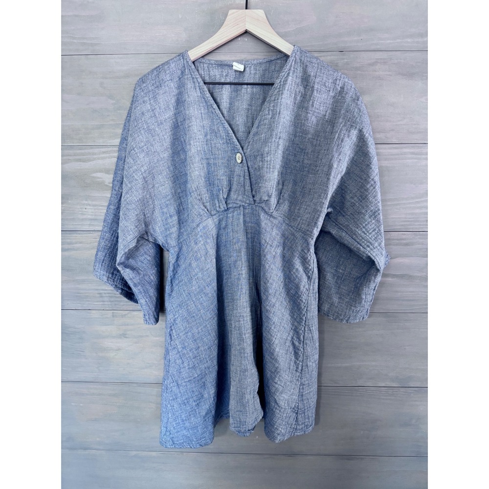 Muslin Comfort Blue Chambray Tunic Dress V-Neck Kimono Sleeve Boho Women Small
